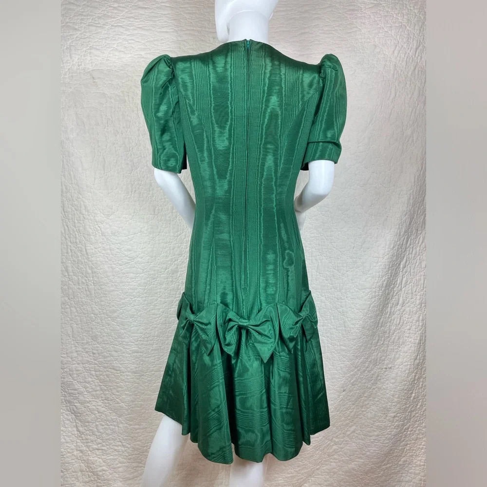 🔥Vintage Maggie Breen Puffed Sleeve Bows Midi Green Dress - Picture 5 of 12